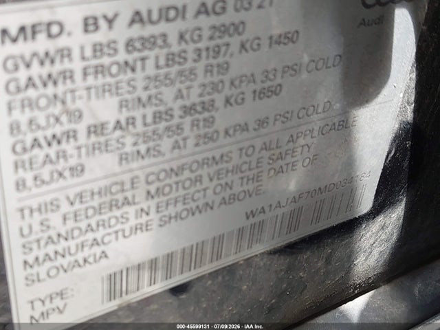 Aukcja sprzedaży 2021 Audi Q7 Premium 45 Tfsi Quattro Tiptronic, vin: WA1AJAF70MD034184, numer aukcji: 45599131