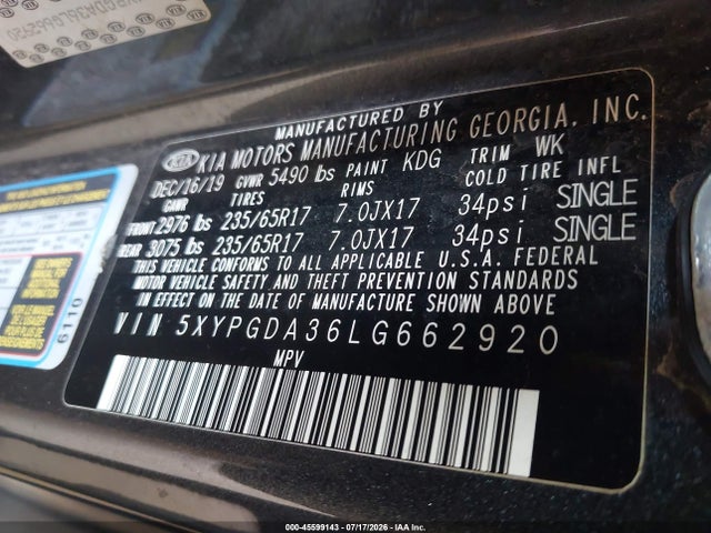 Продаж на аукціоні авто 2020 Kia Sorento 2.4l Lx, vin: 5XYPGDA36LG662920, номер лоту: 45599143