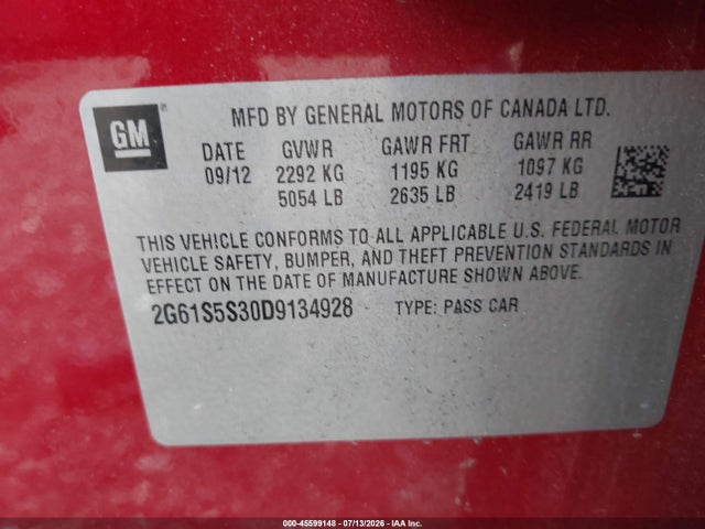 45599148 :رقم المزاد ، 2G61S5S30D9134928 vin ، 2013 Cadillac Xts Premium مزاد بيع