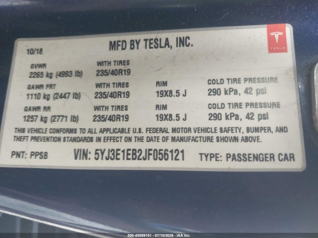 Aukcja sprzedaży 2018 Tesla Model 3 Long Range/performance, vin: 5YJ3E1EB2JF056121, numer aukcji: 45599151