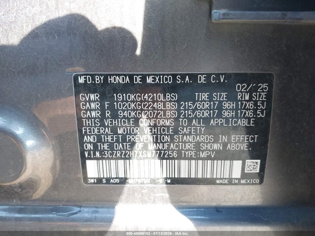 3CZRZ2H7XSM777256 Honda Hr-v Awd Ex-l