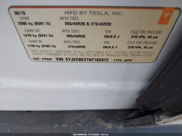 Продаж на аукціоні авто 2019 Tesla Model X 100d/75d/long Range, vin: 5YJXCBE27KF185972, номер лоту: 45599190