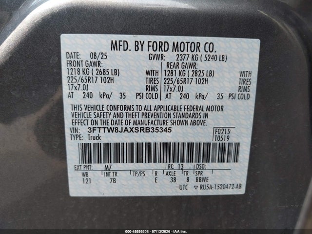 Продаж на аукціоні авто 2025 Ford Maverick Xlt, vin: 3FTTW8JAXSRB35345, номер лоту: 45599208
