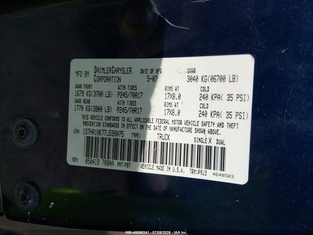 Продаж на аукціоні авто 2007 Dodge Ram 1500 St, vin: 1D7HA18K77J598075, номер лоту: 45599241