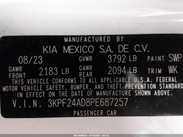 Продажа на аукционе авто 2023 Kia Forte Lxs, vin: 3KPF24AD8PE687257, номер лота: 45599248