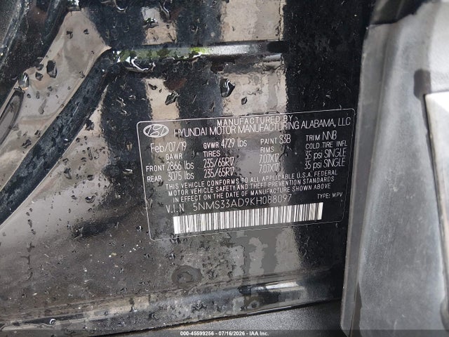 Aukcja sprzedaży 2019 Hyundai Santa Fe Sel, vin: 5NMS33AD9KH088097, numer aukcji: 45599256