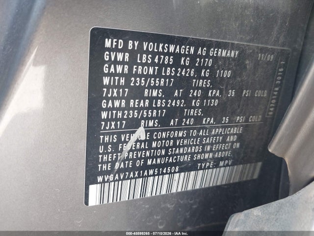 Продаж на аукціоні авто 2010 Volkswagen Tiguan S, vin: WVGAV7AX1AW514508, номер лоту: 45599265