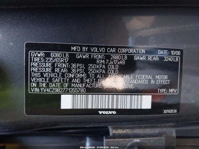 45599266 :رقم المزاد ، YV4CZ982771355780 vin ، 2007 Volvo Xc90 3.2 مزاد بيع