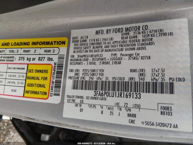 Продажа на аукционе авто 2018 Ford Fusion Hybrid Se, vin: 3FA6P0LU1JR169133, номер лота: 45599273