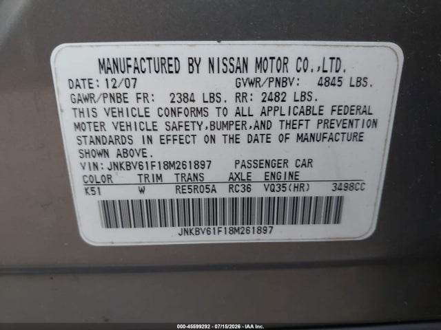 Aukcja sprzedaży 2008 Infiniti G35x, vin: JNKBV61F18M261897, numer aukcji: 45599292