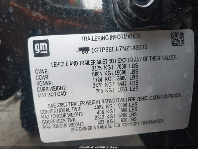 45599323 :رقم المزاد ، 1GTP9EEL7NZ143633 vin ، 2022 Gmc Sierra 1500 Limited 4wd  Short Box At4 مزاد بيع