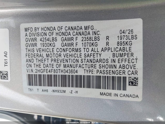 2HGFE4F80TH343604 Honda Civic Hybrid Sport/sport Touring
