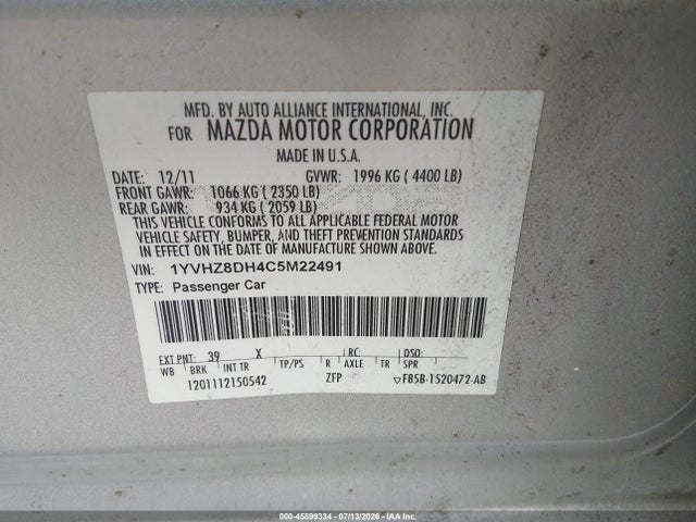Aukcja sprzedaży 2012 Mazda Mazda6, vin: 1YVHZ8DH4C5M22491, numer aukcji: 45599334