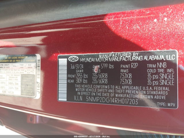 Продажа на аукционе авто 2024 Hyundai Santa Fe Hybrid Sel, vin: 5NMP2DG14RH017203, номер лота: 45599337