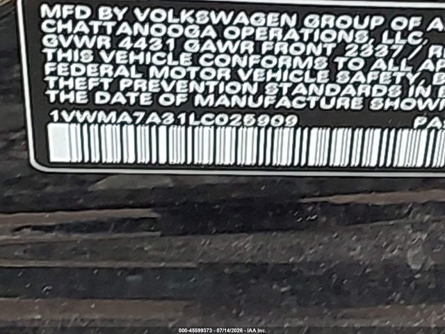 Aukcja sprzedaży 2020 Volkswagen Passat 2.0t R-line, vin: 1VWMA7A31LC025909, numer aukcji: 45599373