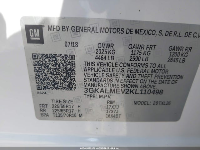 Aukcja sprzedaży 2019 Gmc Terrain Sle, vin: 3GKALMEV2KL110498, numer aukcji: 45599376