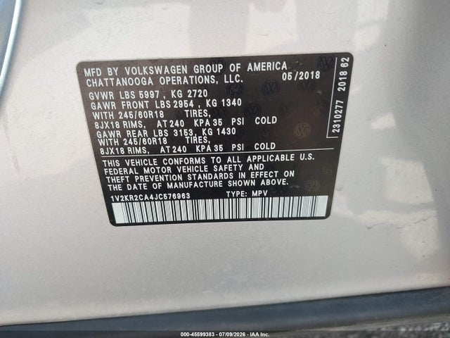 Aukcja sprzedaży 2018 Volkswagen Atlas 3.6l V6 Se, vin: 1V2KR2CA4JC576963, numer aukcji: 45599383