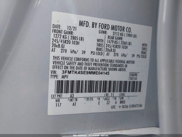 45599392 :رقم المزاد ، 3FMTK4SE9MME04145 vin ، 2021 Ford Mustang Mach-e Gt مزاد بيع