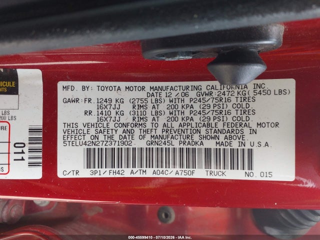 Aukcja sprzedaży 2007 Toyota Tacoma Base V6, vin: 5TELU42N27Z371902, numer aukcji: 45599410