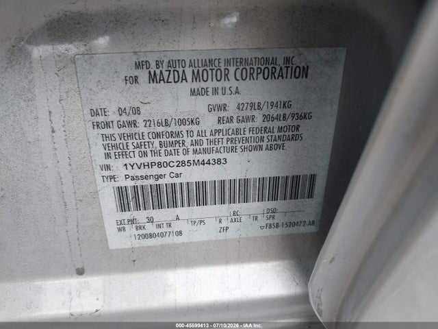 Продаж на аукціоні авто 2008 Mazda Mazda6 I Sport Ve, vin: 1YVHP80C285M44383, номер лоту: 45599413
