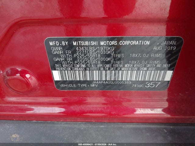 2020 Mitsubishi Outlander Sport 2.0 Se მანქანა იყიდება აუქციონზე, vin: JA4AP4AU0LU005389, აუქციონის ნომერი: 45599421