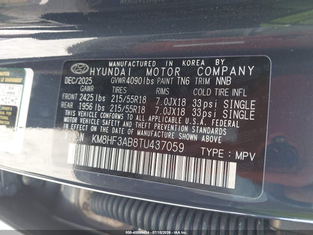 Aukcja sprzedaży 2026 Hyundai Kona Sel Sport, vin: KM8HF3AB8TU437059, numer aukcji: 45599434