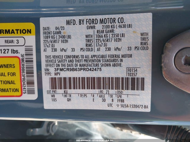 Продаж на аукціоні авто 2023 Ford Bronco Sport Big Bend, vin: 3FMCR9B63PRD42475, номер лоту: 45599435