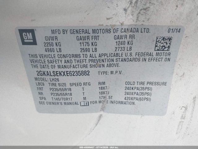 45599457 :رقم المزاد ، 2GKALSEKXE6235882 vin ، 2014 Gmc Terrain Slt-1 مزاد بيع