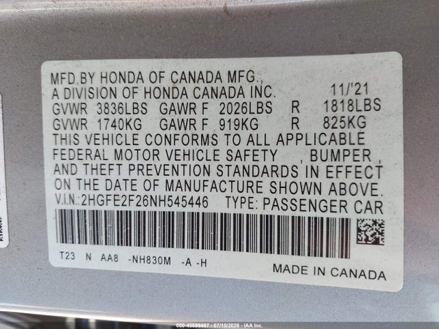 45599467 :رقم المزاد ، 2HGFE2F26NH545446 vin ، 2022 Honda Civic Lx مزاد بيع