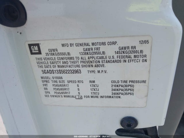 Продажа на аукционе авто 2006 Buick Rainier Cxl, vin: 5GADS13S562232963, номер лота: 45599466