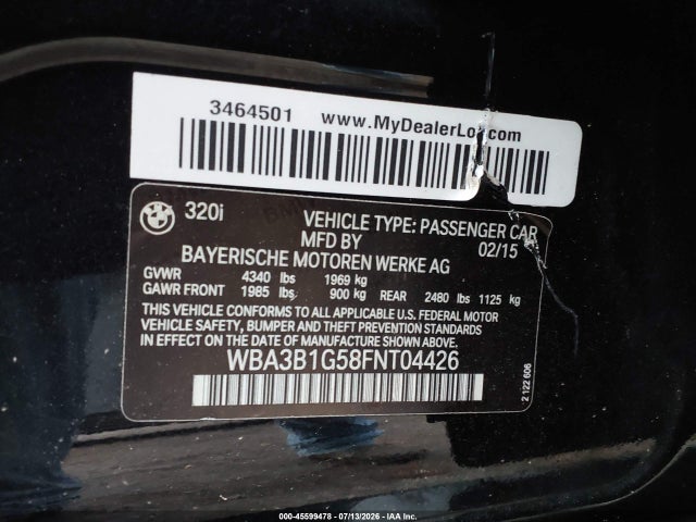 Продажа на аукционе авто 2015 Bmw 320i, vin: WBA3B1G58FNT04426, номер лота: 45599478