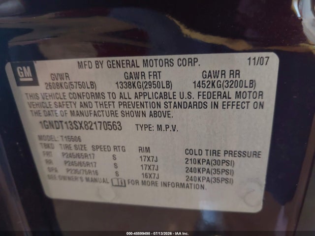 2008 Chevrolet Trailblazer Lt მანქანა იყიდება აუქციონზე, vin: 1GNDT13SX82170563, აუქციონის ნომერი: 45599498