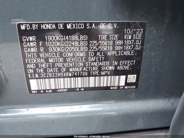 45599525 :رقم المزاد ، 3CZRZ2H5XRM741706 vin ، 2024 Honda Hr-v Awd Sport/awd Sport W/o Bsi مزاد بيع