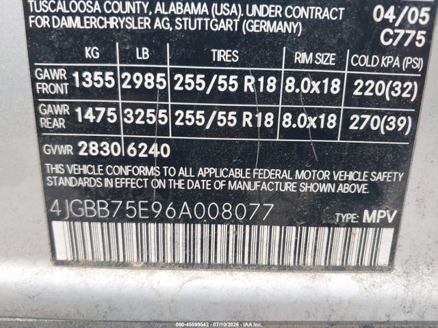 45599543 :رقم المزاد ، 4JGBB75E96A008077 vin ، 2006 Mercedes-benz Ml 500 4matic مزاد بيع