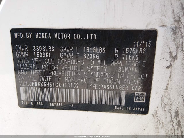 45599563 :رقم المزاد ، JHMGK5H51GX013152 vin ، 2016 Honda Fit Lx مزاد بيع