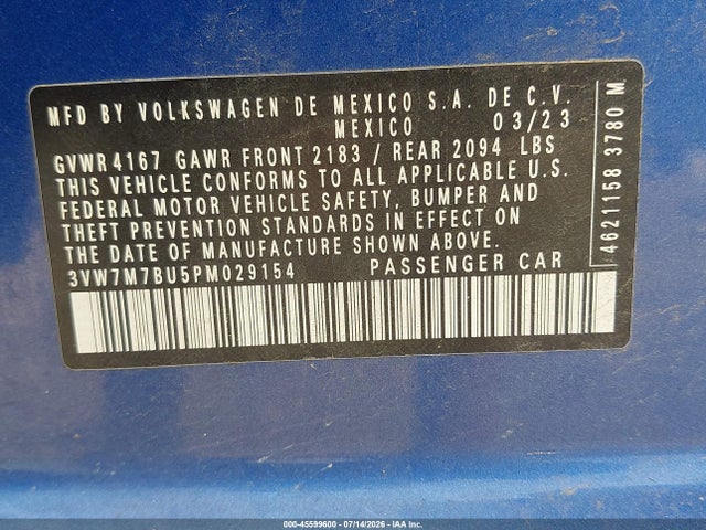 Продаж на аукціоні авто 2023 Volkswagen Jetta 1.5t Se, vin: 3VW7M7BU5PM029154, номер лоту: 45599600