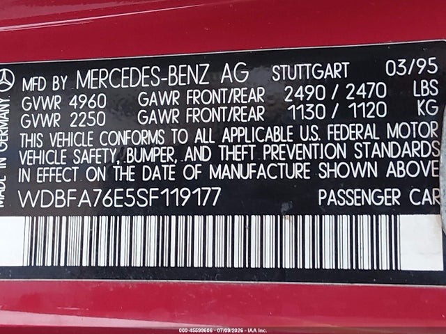 Auction sale of the 1995 Mercedes-benz Sl 600, vin: WDBFA76E5SF119177, lot number: 45599606