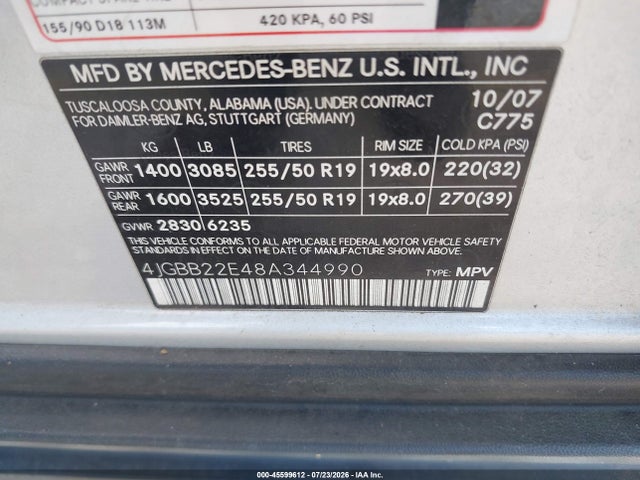 Продажа на аукционе авто 2008 Mercedes-benz M-class 3.0l Cdi, vin: 4JGBB22E48A344990, номер лота: 45599612