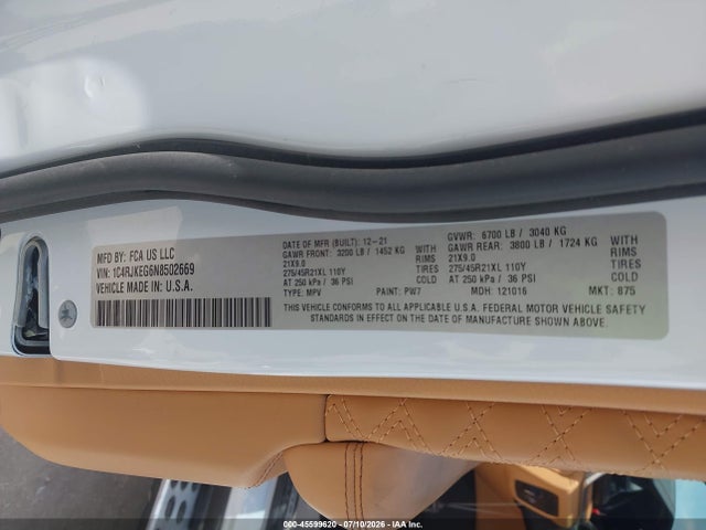 1C4RJKEG6N8502669 Jeep Grand Cherokee L Summit Reserve 4x4