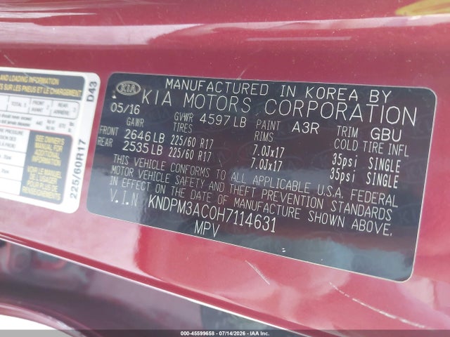 Продажа на аукционе авто 2017 Kia Sportage Lx, vin: KNDPM3AC0H7114631, номер лота: 45599658