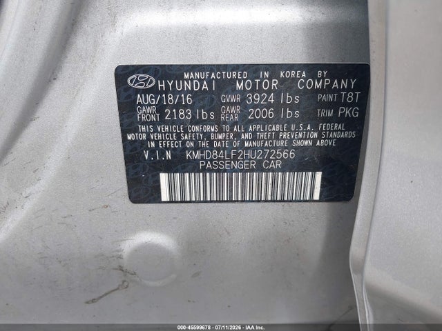 Продажа на аукционе авто 2017 Hyundai Elantra Se, vin: KMHD84LF2HU272566, номер лота: 45599678