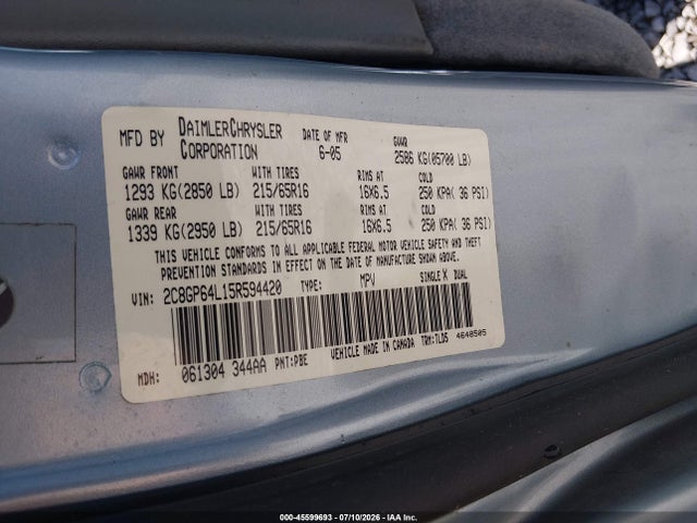 Aukcja sprzedaży 2005 Chrysler Town & Country Limited, vin: 2C8GP64L15R594420, numer aukcji: 45599693