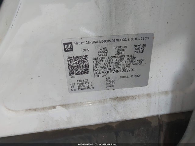 3GNAXKEV4NL293791 Chevrolet Equinox Fwd Lt