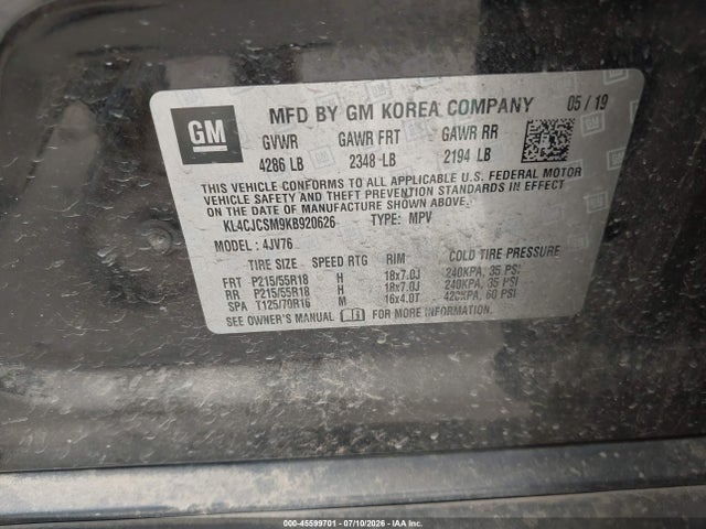 45599701 :رقم المزاد ، KL4CJCSM9KB920626 vin ، 2019 Buick Encore Fwd Essence مزاد بيع