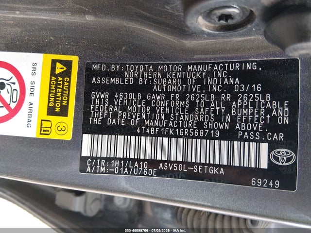 Toyota CAMRY XLE 2016 4T4BF1FK1GR568719 Image 9