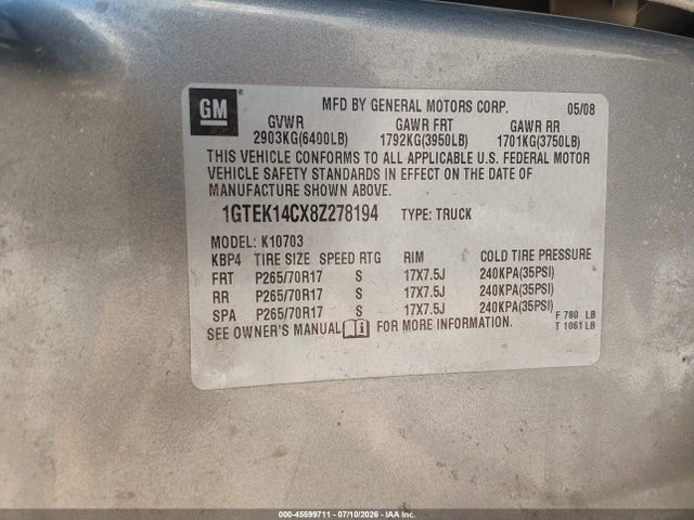 Aukcja sprzedaży 2008 Gmc Sierra 1500 Work Truck, vin: 1GTEK14CX8Z278194, numer aukcji: 45599711
