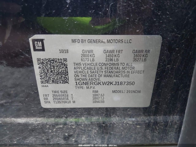 Продаж на аукціоні авто 2019 Chevrolet Traverse 1lt, vin: 1GNERGKW2KJ187350, номер лоту: 45599718