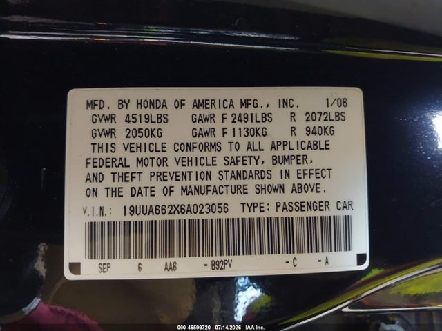 45599720 :رقم المزاد ، 19UUA662X6A023056 vin ، 2006 Acura Tl مزاد بيع
