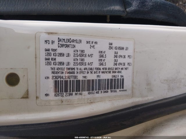Aukcja sprzedaży 2001 Chrysler Town & Country Limited, vin: 2C8GP64L31R277281, numer aukcji: 45599743