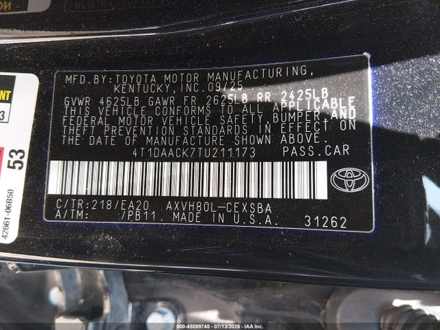 Aukcja sprzedaży 2026 Toyota Camry Nightshade, vin: 4T1DAACK7TU211173, numer aukcji: 45599748